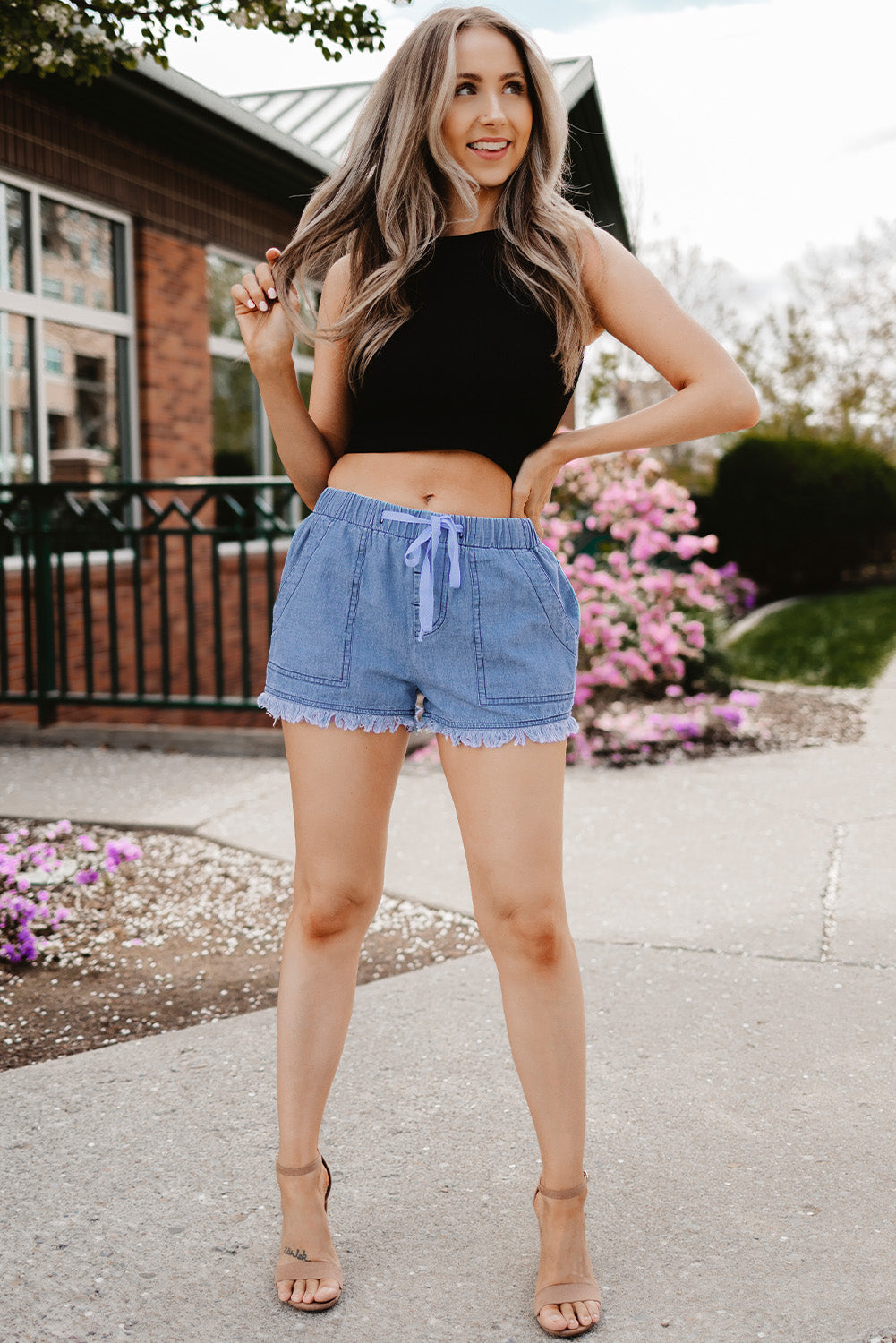 Dark Blue Casual  Frayed Pocketed Denim Shorts