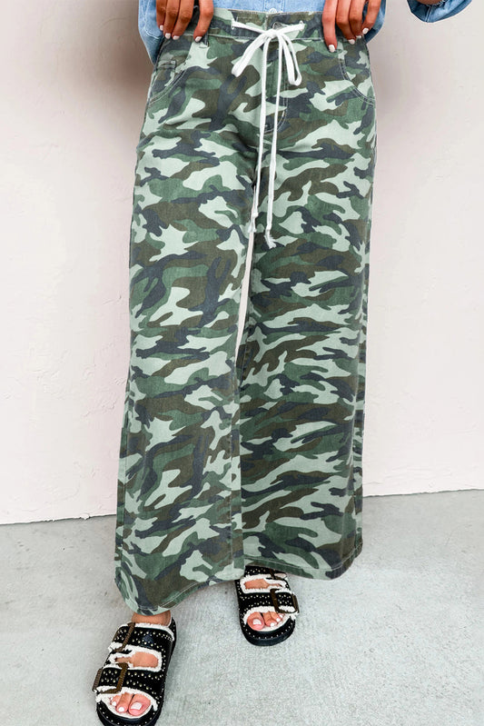 Green camouflage print wide leg denim pants with drawstring waist - front view