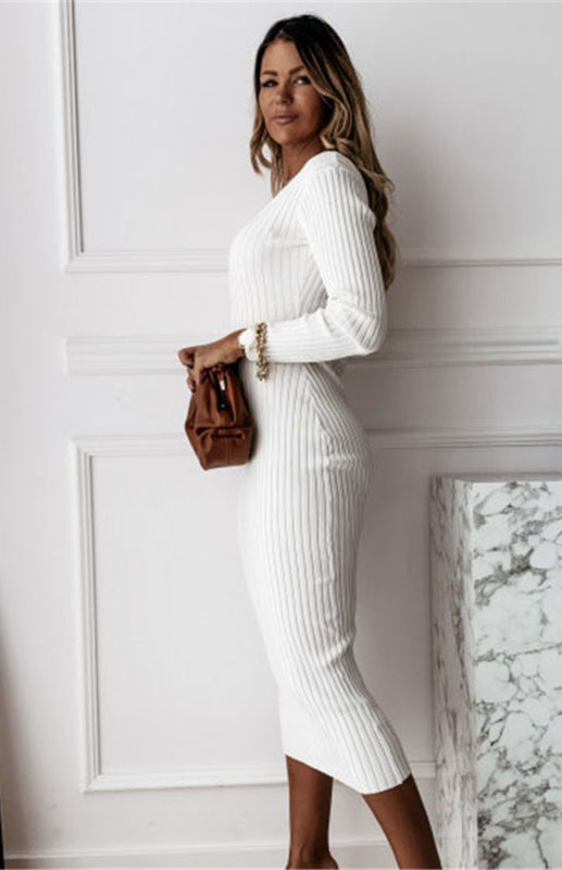 Autumn Winter Solid Long Sleeve Dress