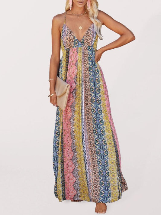 Women's Sling Deep V Print Long Dress