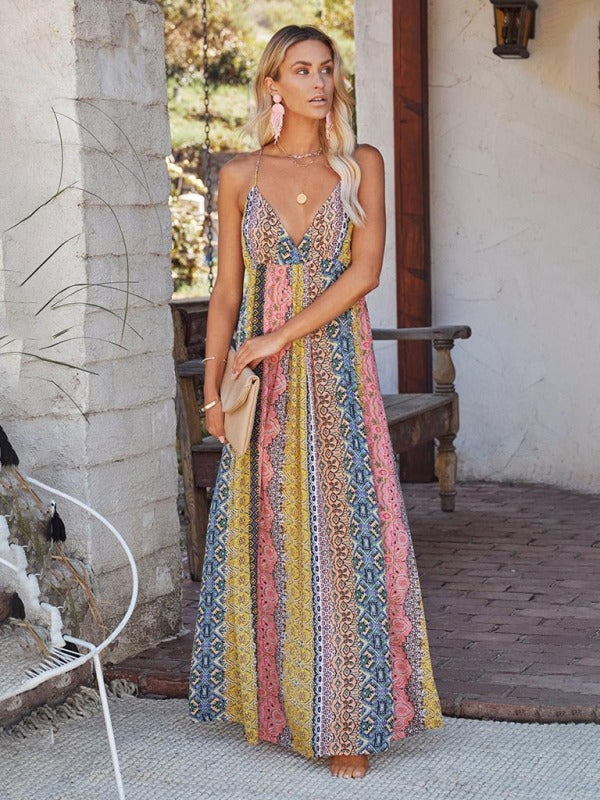 Women's Sling Deep V Print Long Dress