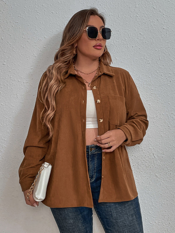 Plus Size New Corduroy Long Sleeve Lapel Shirt  Shop One Place
