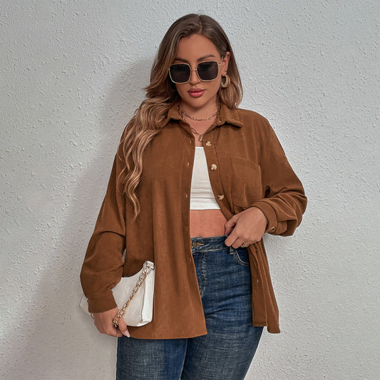 Plus Size New Corduroy Long Sleeve Lapel Shirt  Shop One Place