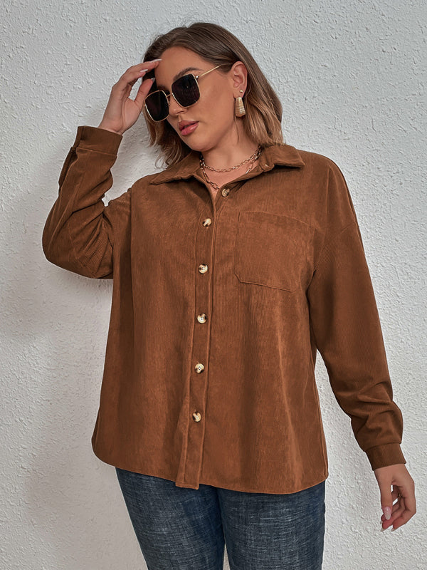 Plus Size New Corduroy Long Sleeve Lapel Shirt  Shop One Place