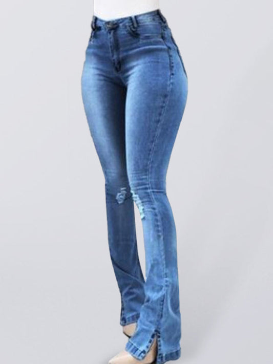 Elastic slit flared high waist jeans women's trousers  Shop One Place