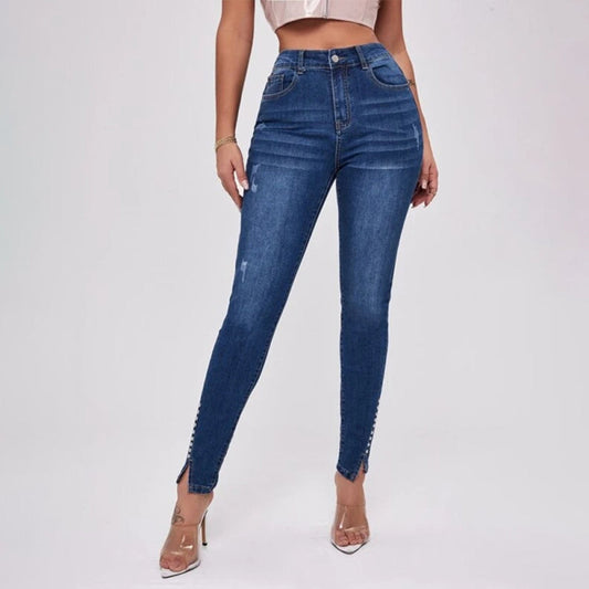 Slit Beaded Stitching Slim High Waist Stretch Jeans Women's Trousers  Shop One Place