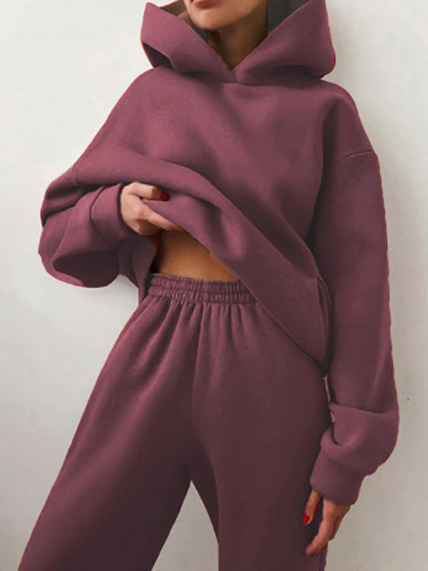 Women's solid color casual fashion trousers thickened long-sleeved hooded  set  Shop One Place