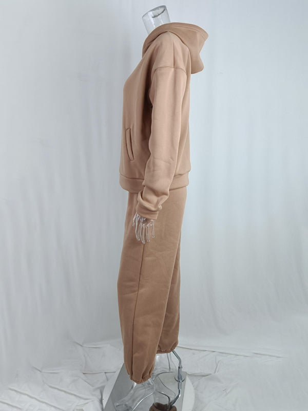 Women's solid color casual fashion trousers thickened long-sleeved hooded  set  Shop One Place