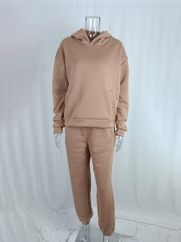 Women's solid color casual fashion trousers thickened long-sleeved hooded  set  Shop One Place