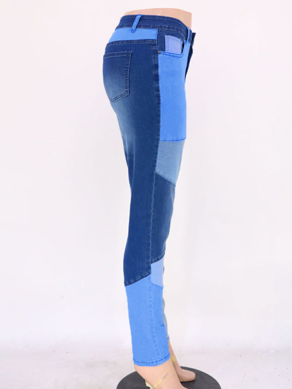 Women's Two-color Stitching Street Wash High Waist Skinny Jeans