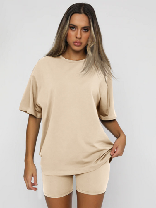 Women's solid color casual short-sleeved + shorts two-piece sets  Shop One Place