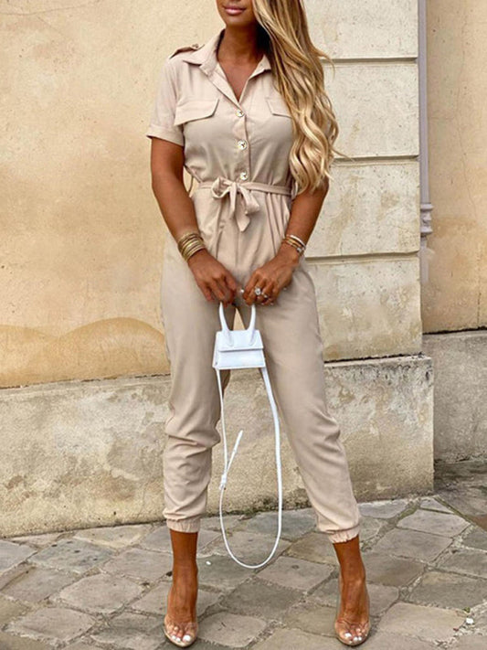 Women's Casual Lapel Buttoned Belt Cargo Jumpsuit  Shop One Place