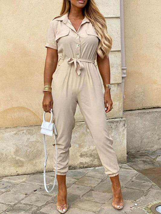 Women's Casual Lapel Buttoned Belt Cargo Jumpsuit  Shop One Place