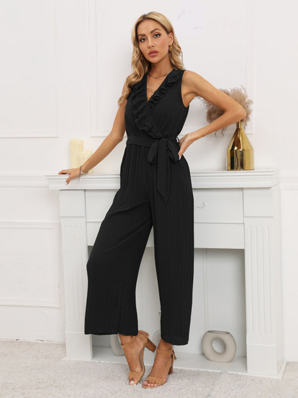 Women's Sleeveless V Neck Ruffle Lace Pleated Jumpsuit