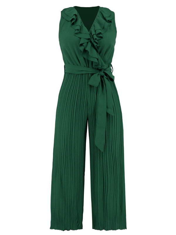 Women's Sleeveless V Neck Ruffle Lace Pleated Jumpsuit