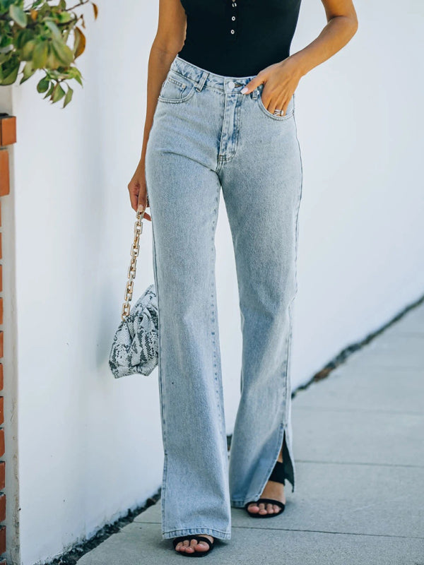 Washed slit mid-waist denim trousers casual trousers