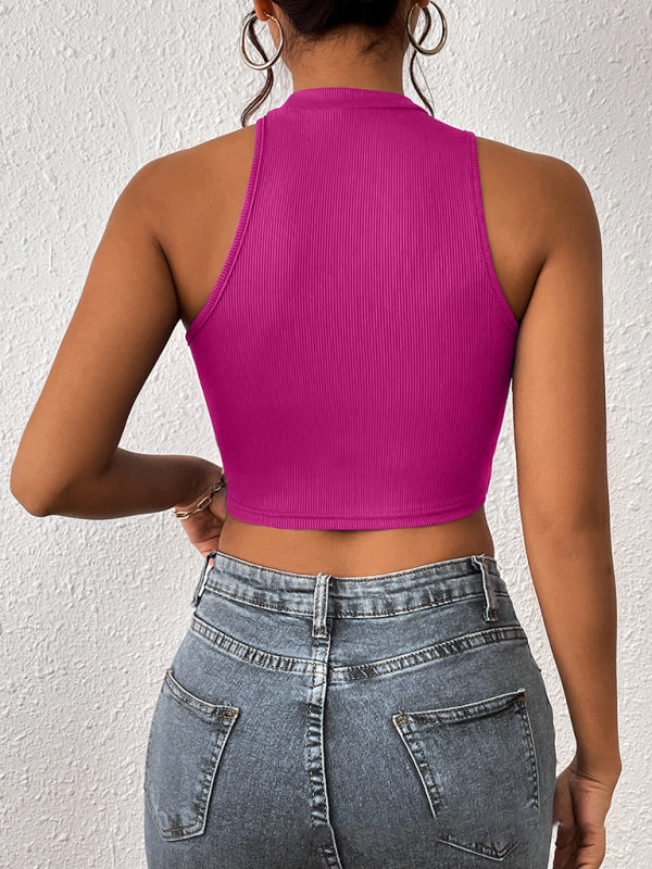 Women's Knitted Round Neck Cropped Asymmetrical Crop Tank Top