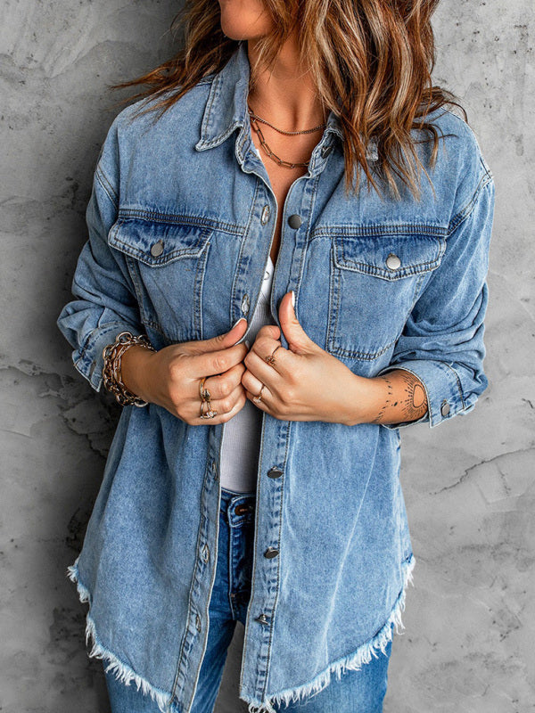 Street trendy denim lapel loose type simple blouse