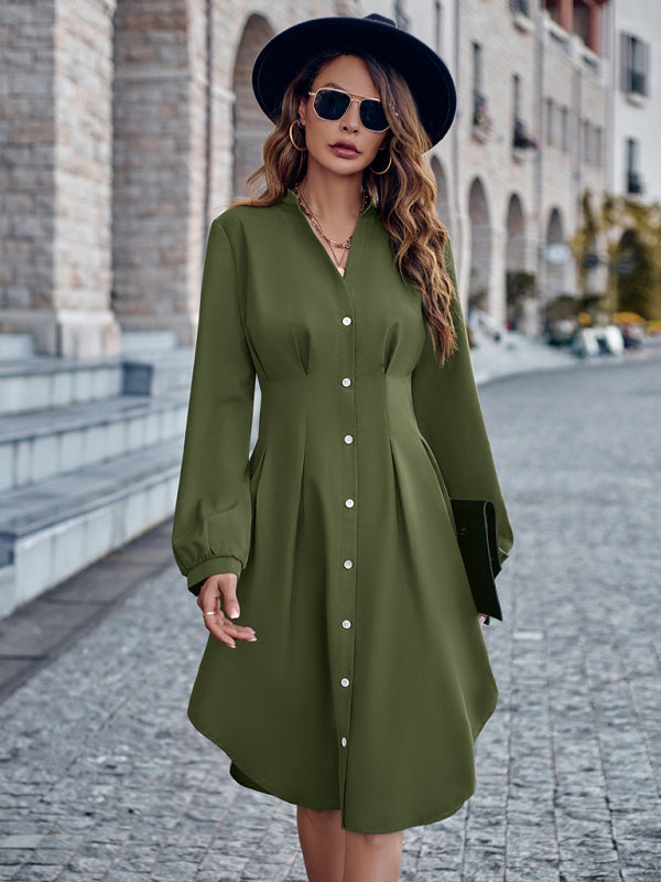 V-neck solid color cardigan long-sleeved waist dress