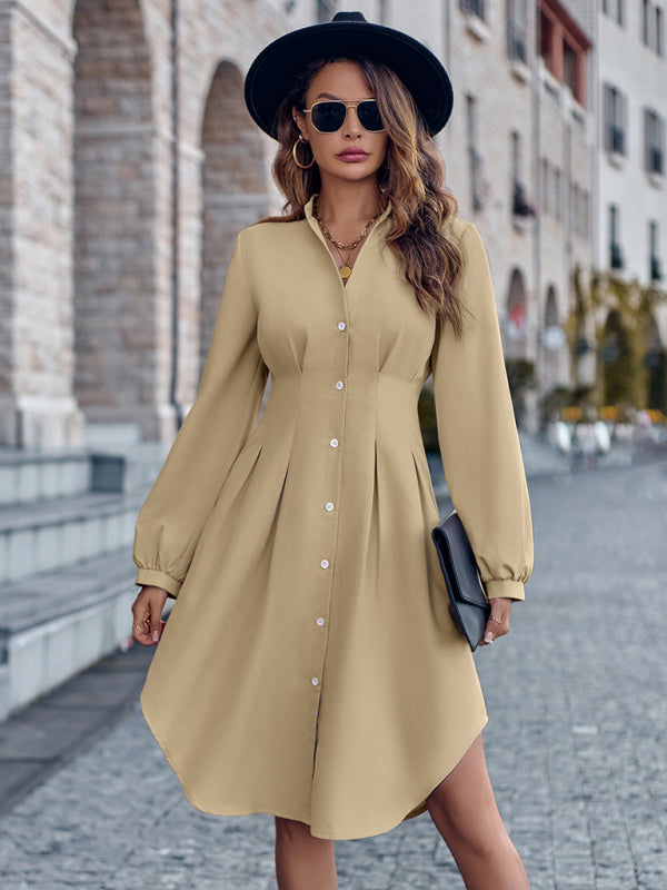 V-neck solid color cardigan long-sleeved waist dress