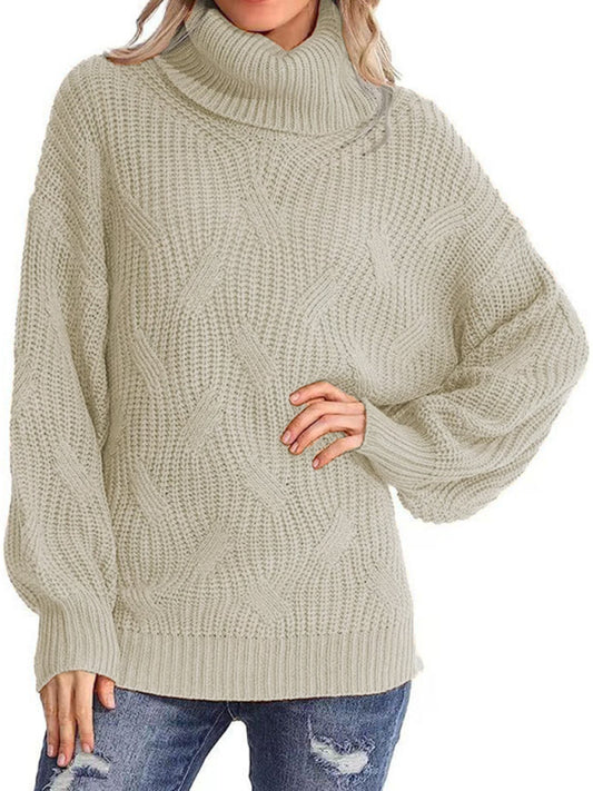 Thick line long sleeve solid color pullover turtleneck sweater