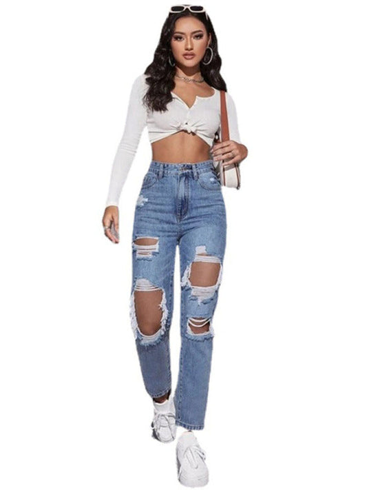 Women's washed ripped high waist straight trousers  Shop One Place