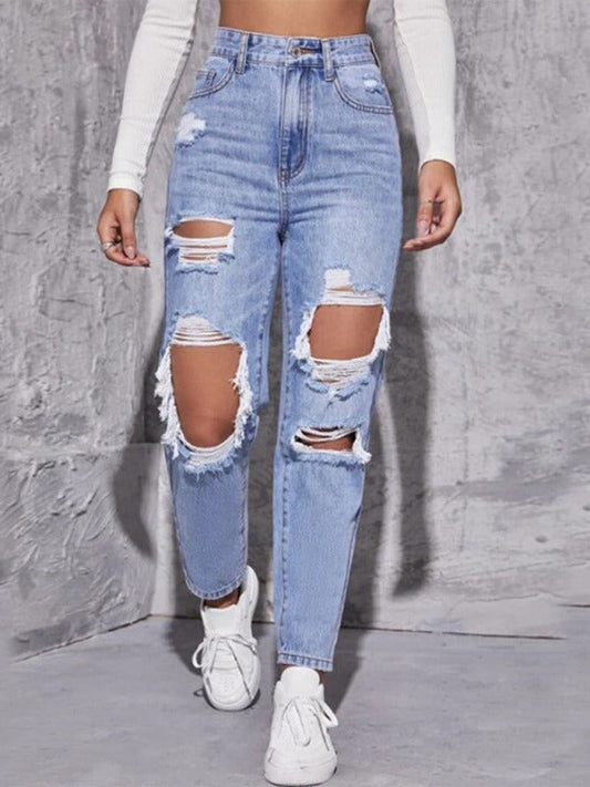 Women's washed ripped high waist straight trousers  Shop One Place