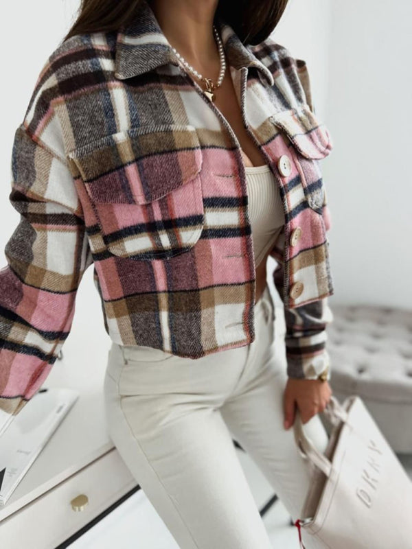 Plaid lapel button pocket casual jacket