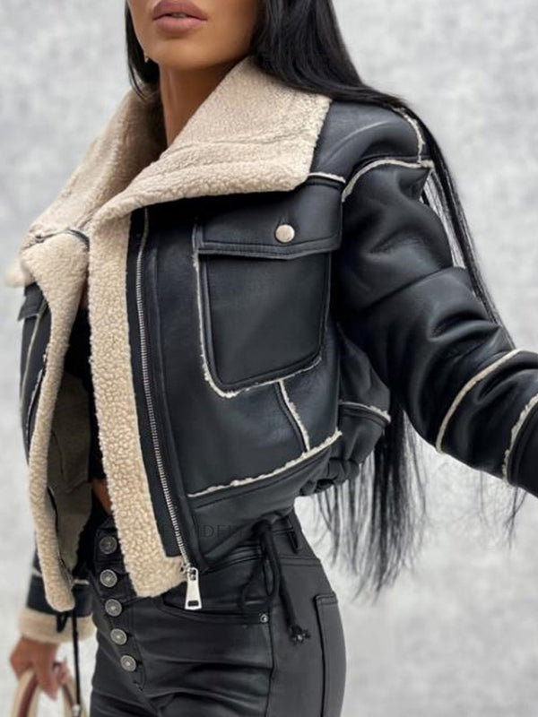 Women's lamb wool short coat motorcycle style jacket