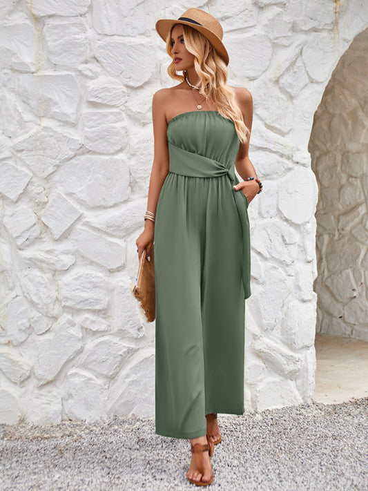 Solid color tube top and waist slim fit jumpsuit  Shop One Place