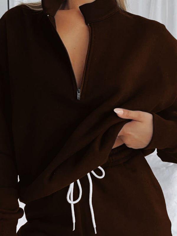 Women's new solid color stand-up collar zipper pullover long-sleeved sweatshirt and trousers suit  Shop One Place