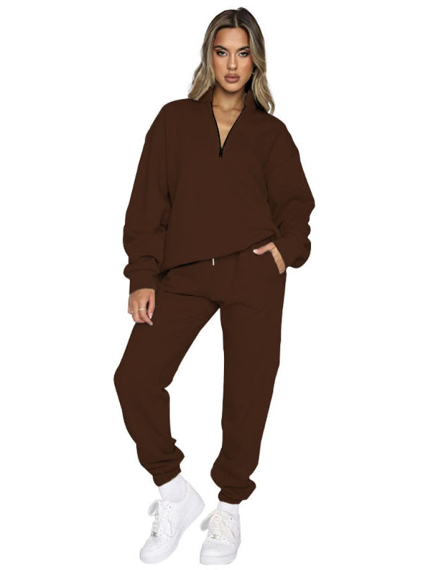 Women's new solid color stand-up collar zipper pullover long-sleeved sweatshirt and trousers suit  Shop One Place
