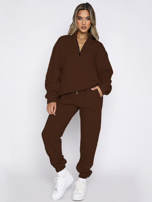 Women's new solid color stand-up collar zipper pullover long-sleeved sweatshirt and trousers suit  Shop One Place