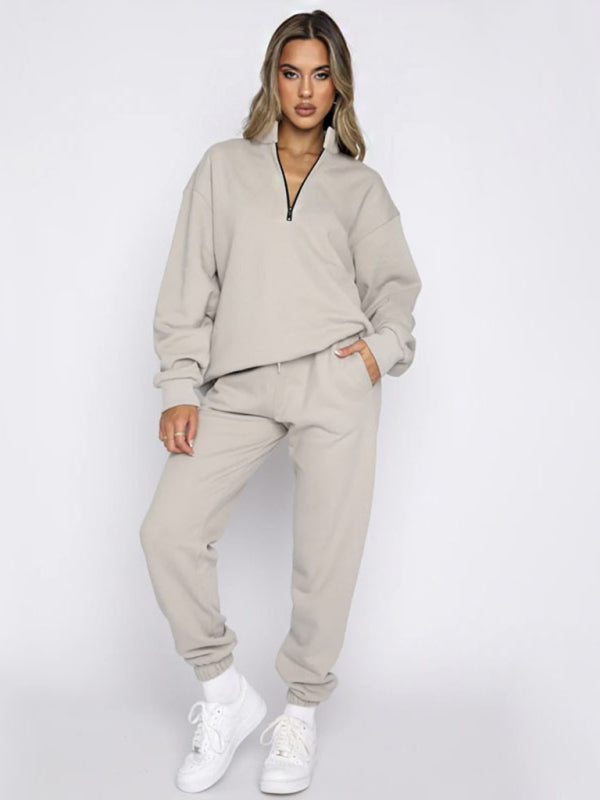 Women's new solid color stand-up collar zipper pullover long-sleeved sweatshirt and trousers suit  Shop One Place