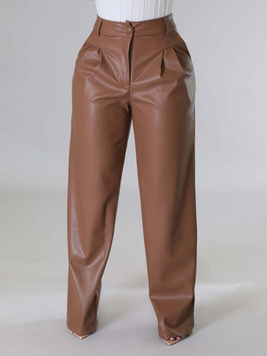 PU women's loose wide-leg pocket casual leather pants  Shop One Place
