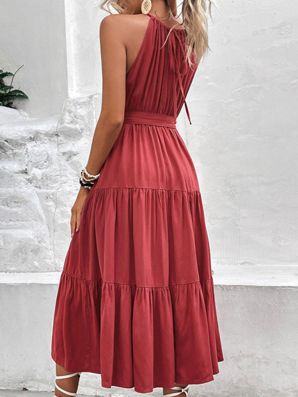 Fashionable women's halterneck solid color mid-length dress