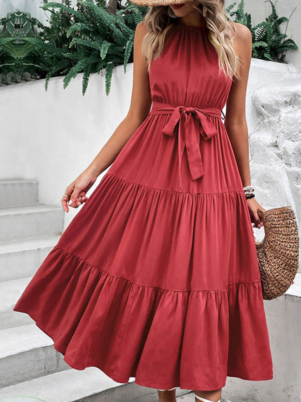 Fashionable women's halterneck solid color mid-length dress