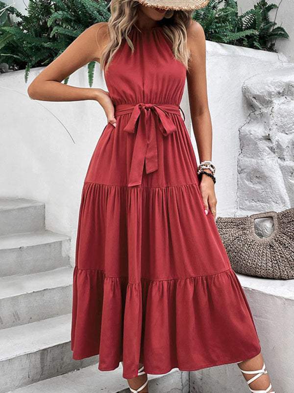 Fashionable women's halterneck solid color mid-length dress