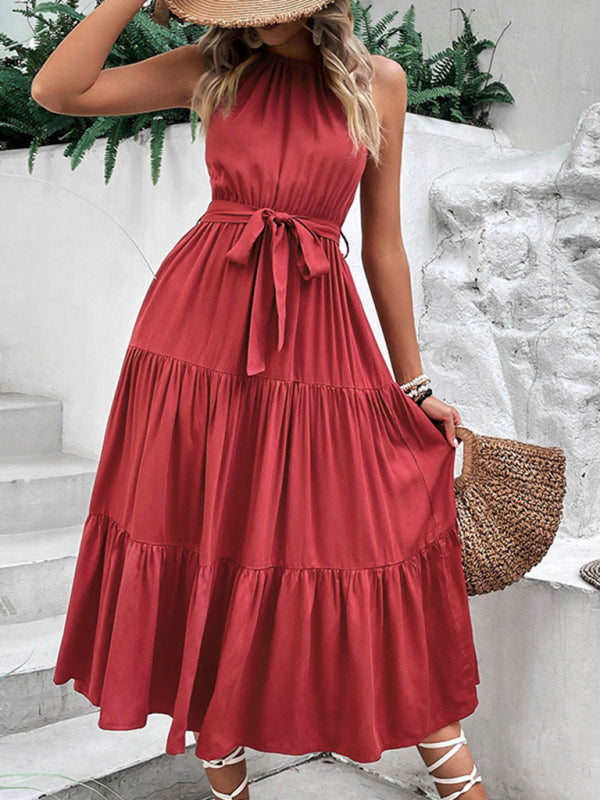 Fashionable women's halterneck solid color mid-length dress