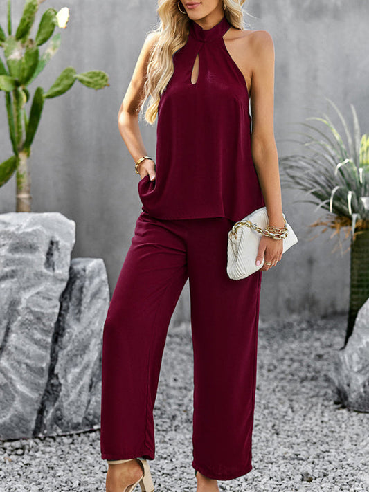 Women's new elegant and fashionable halterneck sleeveless tops and straight pants two-piece set  Shop One Place