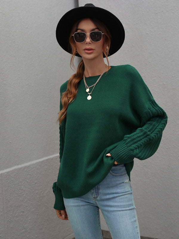 Women's Long Sleeve Thick Knitted Round Neck Twist Rope Top Sweater