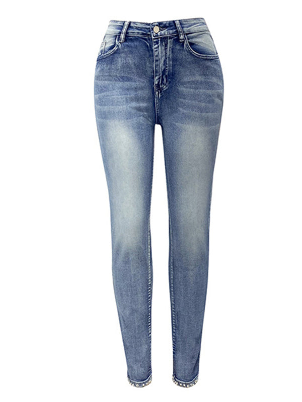 Women's washed beaded denim pencil pants