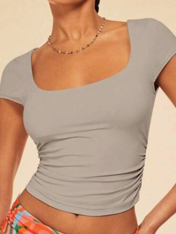 Casual slim solid color short-sleeved square neck T-shirt