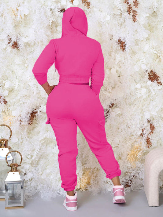 Stylish solid color cardigan hooded lace-up trousers two-piece set  Shop One Place