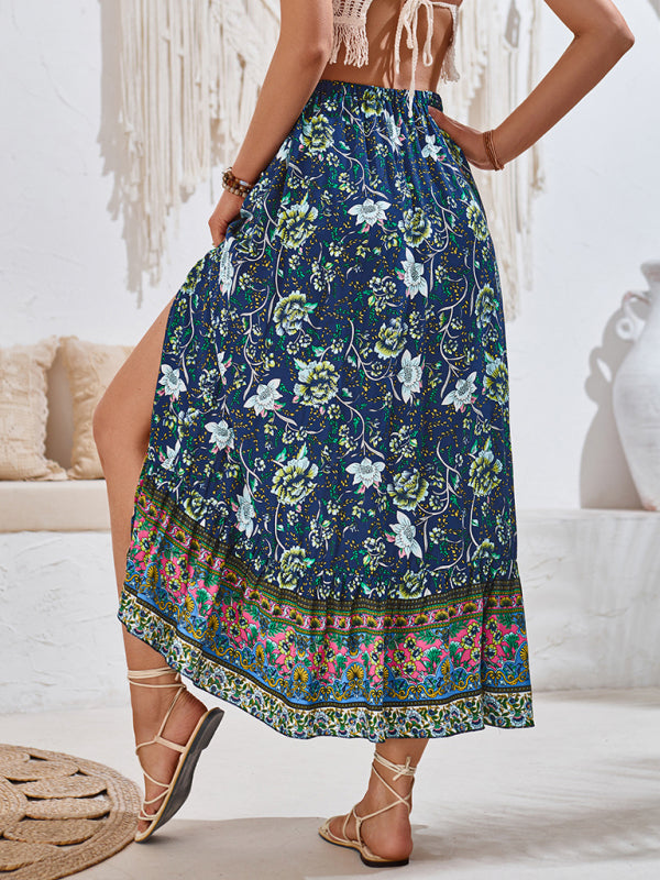 Casual bohemian printed waist drawstring skirt