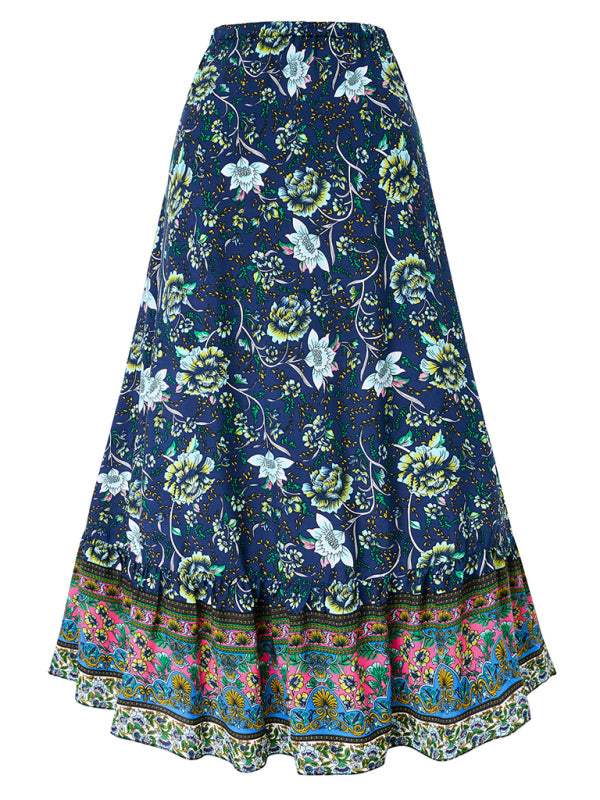 Casual bohemian printed waist drawstring skirt