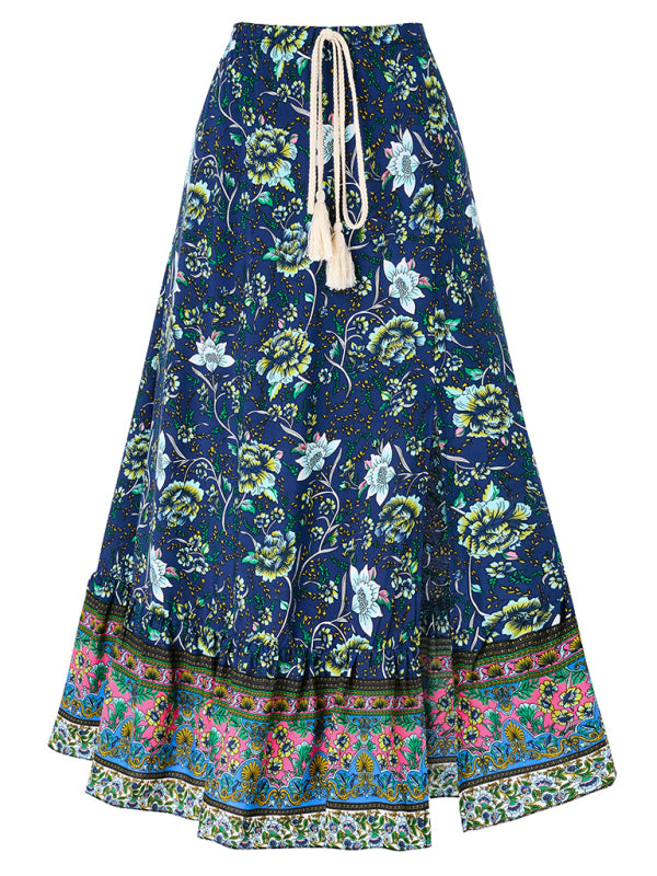 Casual bohemian printed waist drawstring skirt