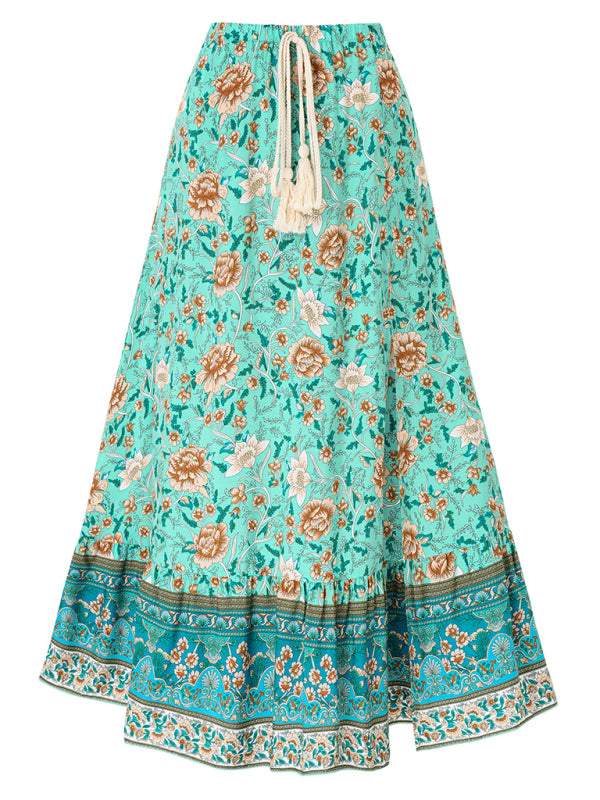 Casual bohemian printed waist drawstring skirt