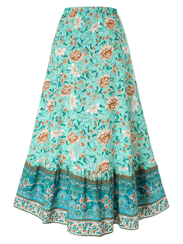 Casual bohemian printed waist drawstring skirt