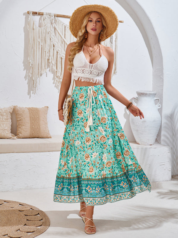 Casual bohemian printed waist drawstring skirt